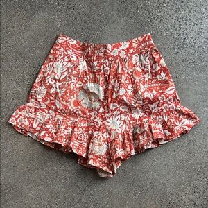 Ulla Johnson Red Floral Ruffle-Hem Shorts